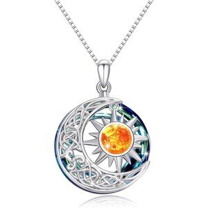 Sun and Moon Necklace Sterling Silver Amber Sun Moonstone Crystal Celestial Jewe